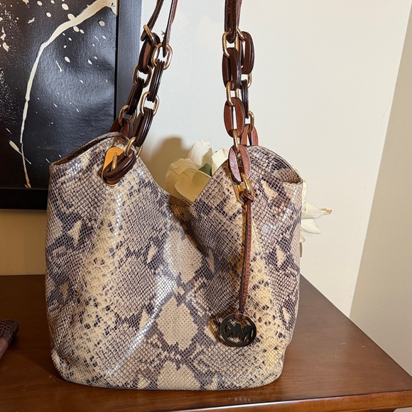 Michael Kors Handbags - Michael Kors Snake Print Shoulder Bag - Brown and Cream FREE wallet included.
